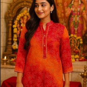 Bandhani Ombre Kurti – Red & Orange Traditional Indian Tunic for Women |